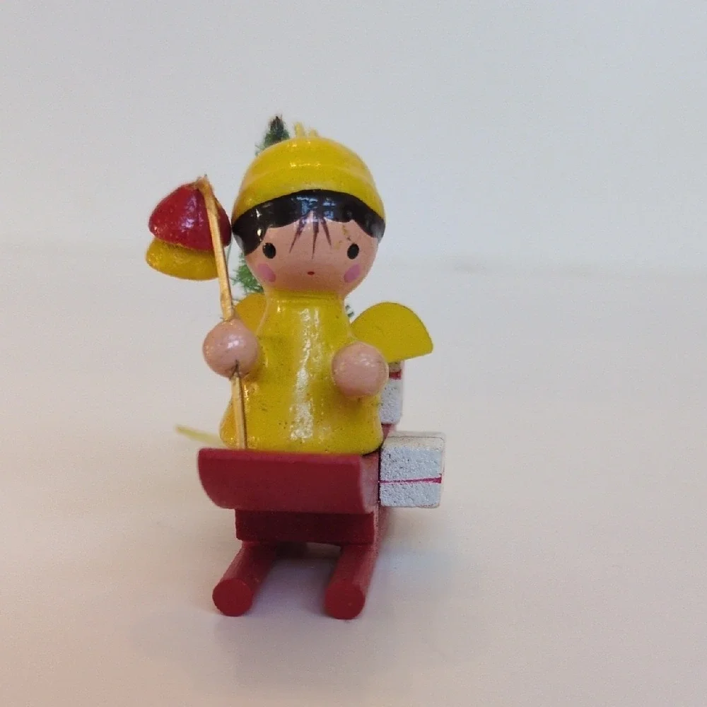 Vintage 70s Miniature Wooden Angel Christmas‎ Ornament - Yellow Sled Tree